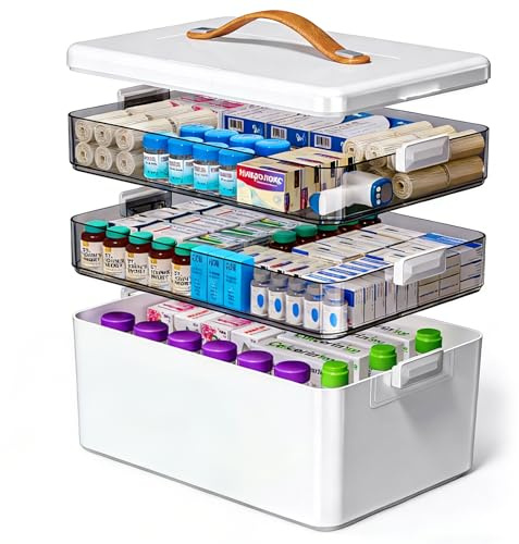 Boite Pharmacie 3 Étages - Grande Boîte de Rangement pour Médicaments avec Poignée & Plateau Amovible - Trousse de Secours Portable pour Domicile, Bureau, École et Voyage
