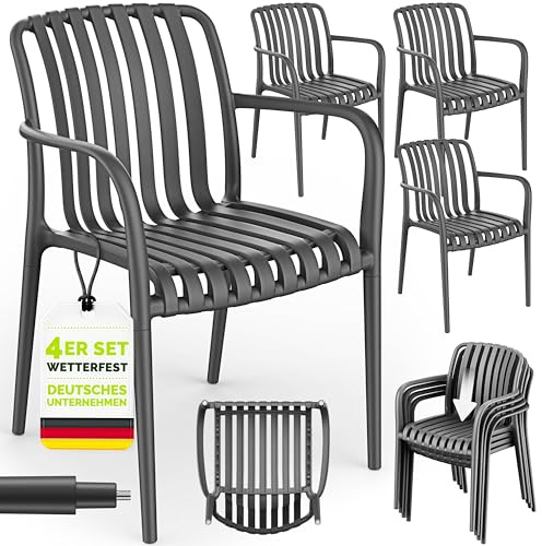 tillvex® Gartenstühle 4er Set Stapelbar Wetterfest mit Armlehne bis 120kg | Outdoor Stühle UV-beständig | Gartenstühle Balkonstuhl Outdoor Kunststoff | Terrassenstuhl Gartenmöbel Balkon Garten Terrasse