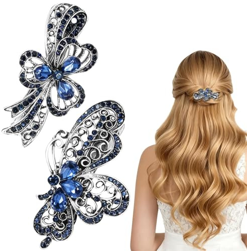 2 fermagli per capelli blu da donna, fermagli con strass e cristallo di alta qualità, accessori per capelli da donna con capelli sottili e spessi, presa sicura per varie acconciature