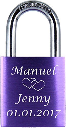 ♥ LoveGoals Liebesschloss mit Gravur | persönliches Geschenk für Paare & Verliebte | hochwertige Geschenkbox | Schloss mit 2 Schlüsseln | Oberfläche eloxiert | Motiv M005 | (Violett)