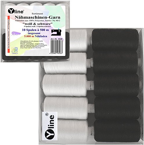 Set Nähgarn/Syngarn Garn Polyester weiß & schwarz für die Nähmaschine 10 Sp. a. 500 m Nähfaden, (0,24 € / 100m), 3028