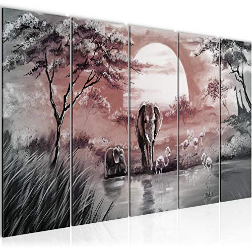Runa Art Bild Afrika Elefant Wandbilder auf Vlies Leinwand 5 Teilig Wanddekoration Wohnzimmer Schlafzimmer 001156c