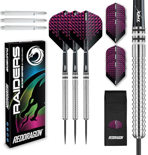 RED DRAGON Raider Series: 23g Wolframpfeil-Set mit Stahlspitze - Professionelle Dartpfeile mit Schäften (Stielen) und Flügen - Wahl der Farbe verfügbar