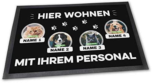 PfotenSchild Fußmatte mit Vier Katzen - Hier Wohnen - Personalisiert mit WUNSCHFOTOS und Wunschnamen Katzenbesitzer - 60 x 40 cm