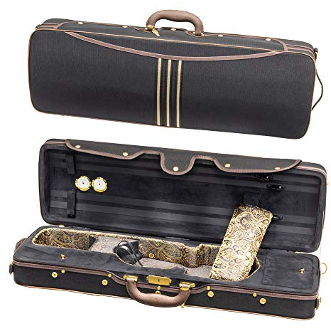 MI&VI NF-9001 Professional Hard-Shell Violin Case 4/4 (Full Size) Luxury Silk Interior | High-Density Foam | Sheet Pocket | Oblong Shape | Adjustable Straps | Hygrometer | Thermometer (Black)