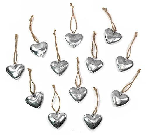 Marzoon 12x Zink Herz Anhänger ca. 3,5cm - Silberfarbene Metallherzen zum Hängen mit Juteband - Rustikale Deko für Geschenke & Bastelprojekte