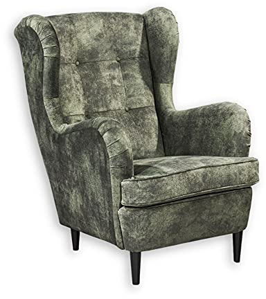 OSKAR 3 Ohrensessel mit geknöpfter Polsterung, Moosgrün - Vintage Wohnzimmer Sessel mit Massivholz Füßen - 78 x 102 x 98 cm (B/H/T)