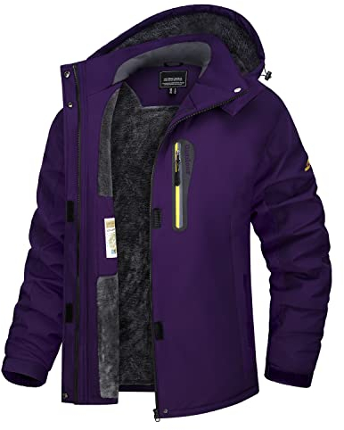 TACVASEN Damen Fleecejacke Kapuze Winter Outdoor Jacke Wasserabweisend Softshelljacken Multi Taschen (M, Dunkelviolett)