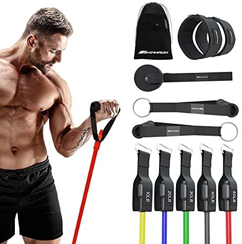 SKINHAWK Premium Fitnessbänder, Resistancebänder, 5 Widerstandsbänder, Fitnessband mit robusten Griff Knöchelriemen Tragetasche Türankerbefestigung Trainingsplan bis zu 150lbs Indoor/Outdoor Workout