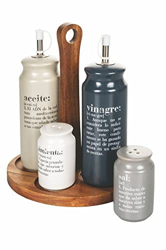 Villa d'Este Home Tivoli 0 Victionary-Juego de aceitera y vinagrera de gres con Soporte de Madera, Multicolor, m