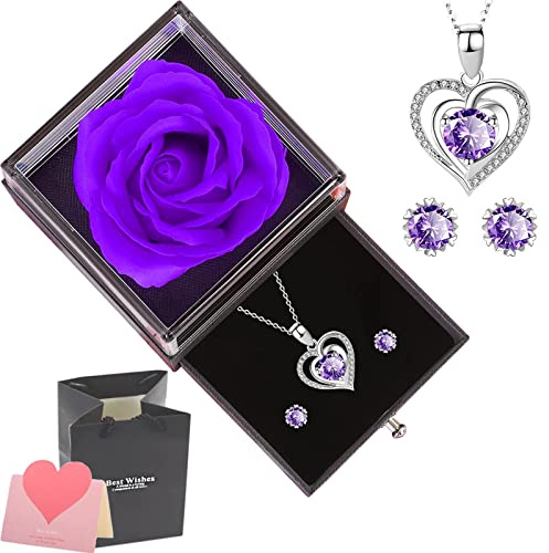 NEWUPZSI Handgefertigte konservierte Rosen schmuck-Geschenk Box mit Herz Halskette und Ohrringe für sie, Infinity Rosen, Muttertag, Weihnachten, Jahrestag, Valentinstag, Hochzeitstag Geschenke