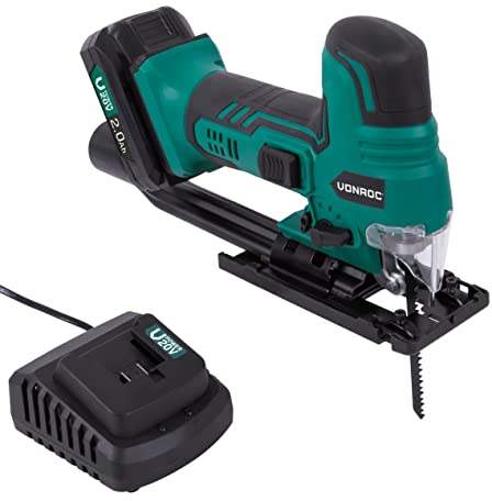 VONROC Scie Sauteuse Sans Fil 20V – Poignée Champignon – Vitesse Variable 1000–2300 tr/min – 4 Pendules – Biseau -45°/+45° – LED – Guide Parallèle – Batterie 2.0Ah & Chargeur