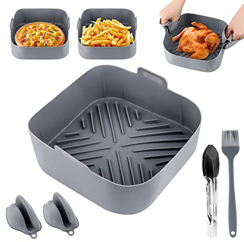 JOPHEK Silicone Mould for Hot Air Fryer, 20 cm Airfryer Zubehör Air Fryer Accessories Heißluftfritteuse Zubehör with Two Oven Gloves+Food Tongs+Silicone Oil Brush