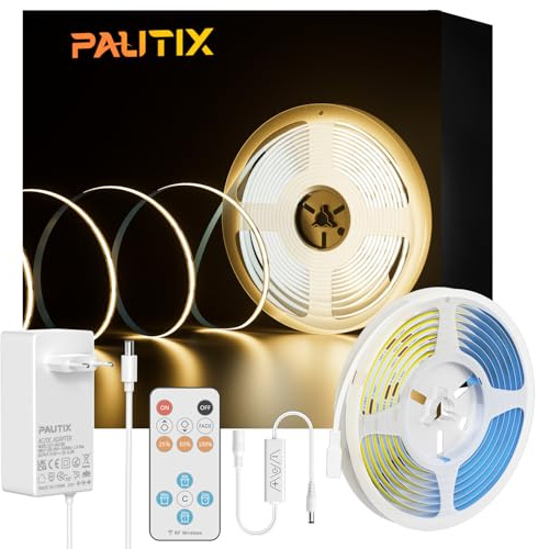 PAUTIX COB LED Streifen Bausatz Warmweiße 3000K,Dimmbar 10M 480LEDs/M DC24V LED Strip Light,High Lumen LED Band lichter Kit mit RF Remote Timer Funktion und Netzteil für Heim und Küchenbeleuchtung