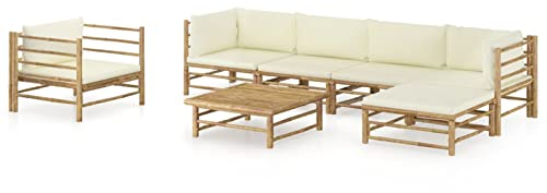 Keketa Gartenlounge Gartensofa 7-TLG. Gartenmöbel Set mit Kissen Cremeweiß Balkonmöbel Balkonlounge Garten Lounge Sofa Sitzgruppe Sofagarnitur Terrassenmöbel Ecksofa Bambus