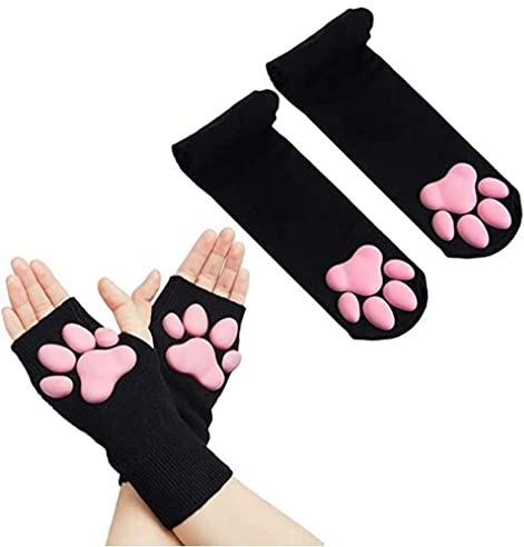 SIROLISA Niedliches Katzenpfote Kostüm, Kawaii Katze Cosplay Kawaii Weiche 3D Zehen Bohnen Fingerlose Katzenklaue Pfoten Cosplay Set für Frauen