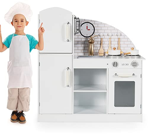 COSTWAY Kinderküche Holz, Spielküche mit Zubehör & Sound, Spielzeugküche mit Utensilien, Wasserhahn, Spüle, Telefon, Backofen & Herd, Holzküche für Kinder ab 3 Jahren, 79 x 29 x 82,5 cm, Weiß