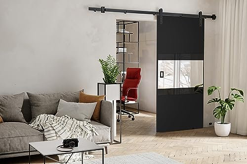 KIER FURNITURE MIA Schiebetür – Schiebetür Komplettset Schiene Komplettset Mit Tür – Zimmertüren Mit Zarge Komplett - B86xH205xT1,6 cm - Schwarz