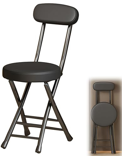 UIILO 45cm Klapphocker mit Rückenlehne und Fußstütze,Tragbarer Runder Gepolsterter Frühstückshocker für Küche, Esszimmer, Büro,Faltbarer Barhocker (Color : Schwarz)