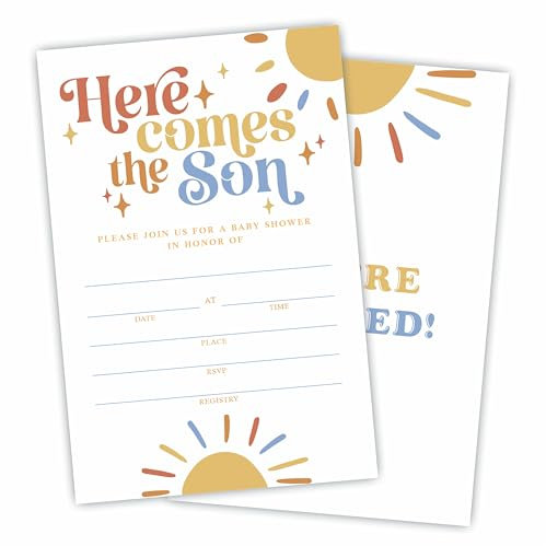 A03 Einladungen zur Babyparty mit Umschlägen – Here Comes The Sun – Retro-Sonnenschein zum Ausfüllen von Babypartys, Geschlechtsoffenbarung, Baby-Ankündigungseinladungen, Partyzubehör und Zubehör, 25