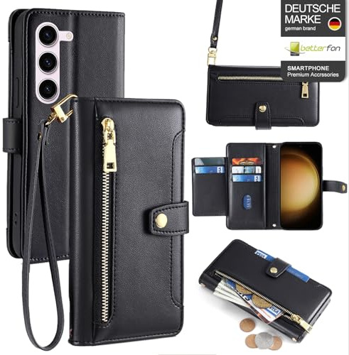 Handykette kompatibel mit Samsung Galaxy S24+ | Leder Handyhülle mit Kartenfächern | Handyhülle zum Umhängen | Schwarz