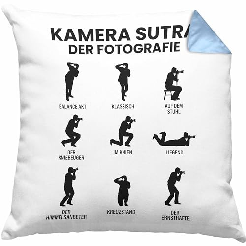 Trendation Fotograf Kissen mit Füllung 40x40 Zubehör Fotografie Geschenk Fotografieren Geschenkideen Lustiger Spruch Kamera Sutra (Blau)