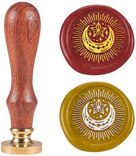 DELORIGIN Wachssiegelstempel Stern Und Mond Siegelstempel Im Retro Stil 25mm Siegelstempel Personalisiert Abnehmbarer Messingkopf Mit Holzgriff Für Umschläge Grußkarten Briefe Und Einladungen