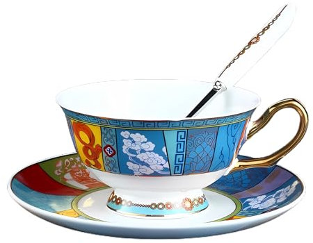 Keramik Kaffeetasse, Teetasse, Teetasse und Untertassen, Porzellan Kaffee-Teetasse mit Löffel, ethnischen Stil Tasse mit Goldrand 200 ml / 7 Oz