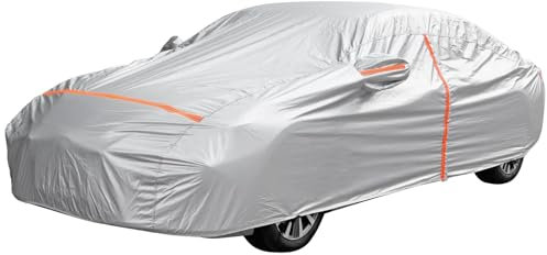 Anbte Waterproof Car Cover with Zip Reflective Stripes, Outdoor Car Cover Dust Protection UV, 210D Winter Snow Hail Cover, Universal Fit for Sedan 490 x 190 x 150 cm, Sliver