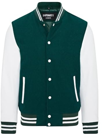 Infinity Leather Giubbotto bomber universitario in pelle bianca di lana verde baseball Letterman