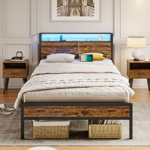 AOGLLATI Lit 90 x 200cm en Métal, Tête de Lit avec Éclairage LED et 3 Ports USB, 30 cm d'espace de Rangement, Meuble de Chambre, Marron Vintage/Noir
