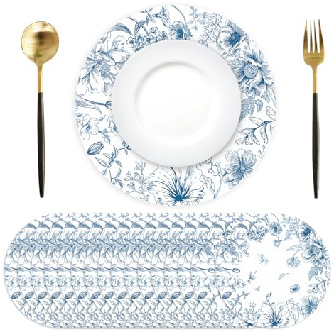 50 Pack Paper Placemats Disposable Blue and White Placemats 13.7 Inch Vintage Blue Floral Place Mats Decorative Chinoiserie Round Table Mats for Dinner Table Setting Birthday Wedding Party Supplies