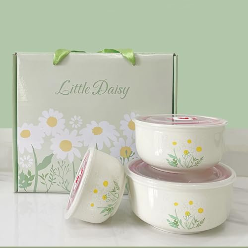 Cnwinu Ceramics Salad Bowl with Lid Sets,Soup Bowls,Kitchen Noodle Bowl Mixing Lunch Box,Suitable for Snack,Soup,Rice,Fruit,Vegetables(Green Daisy)