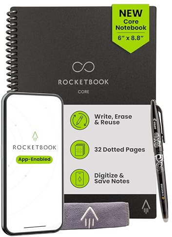 Rocketbook New Core wiederverwendbares Spiralbuch, Executive-Größe, 15,2 x 22,4 cm, Schwarz – gepunktete Seiten, App-verbunden, löschbar, langlebiger Einband, ideal für Schule, Arbeit und kreative | Punktrasterseiten für Schularbeiten und kreative Projekte, inklusive Stift und Handtuch