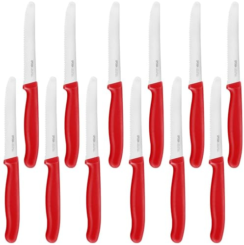 OPOLIA 12teilig,Brotzeitmesser,Kunststoffgriff,22cm,spülmaschinenfest,Rot | Frühstücksmesser,Brötchenmesser,Tafelmesser,Tomatenmesser,Edelstahl Scharfes Klinge,Kunststoffgriff, spülmaschinenfest