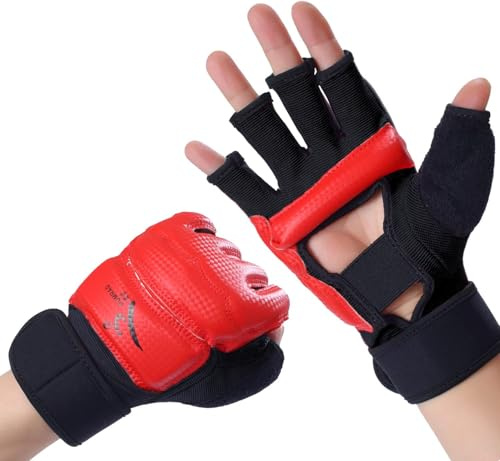 LiMMAX Guanti da boxe per kickboxing, MMA, da uomo, donna, mezze dita, guanti da combattimento, guantoni da boxe per allenamento con sacco da boxe, guanti UFC per uomini e donne, rosso, XS