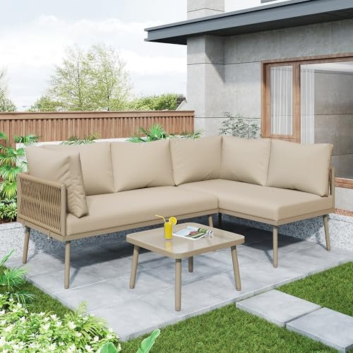 YESGIGA Garten-Lounge-Set aus Eisen, Gartenmöbel-Set aus grauem Seil, L-förmiges Gartenmöbel-Set, Lounge-Set aus grauem Seil mit Sitzkissen, verstellbaren Füßen (Khaki)