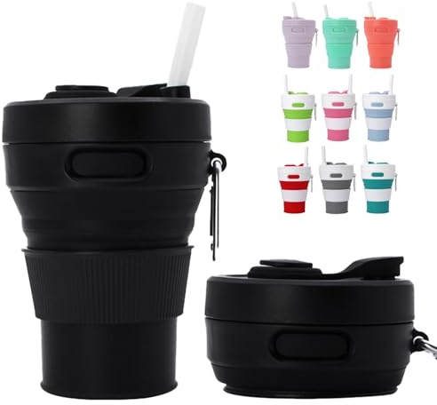 MORAINJAY 450ml Silikon Faltbare Becher Schwarz mit Stroh Kunststoff Deckel, Bpa-Frei Faltbecher, Wiederverwendbar Tragbares Silikonbecher Reisebecher für Outdoor Camping Picknick Wandern Reisen