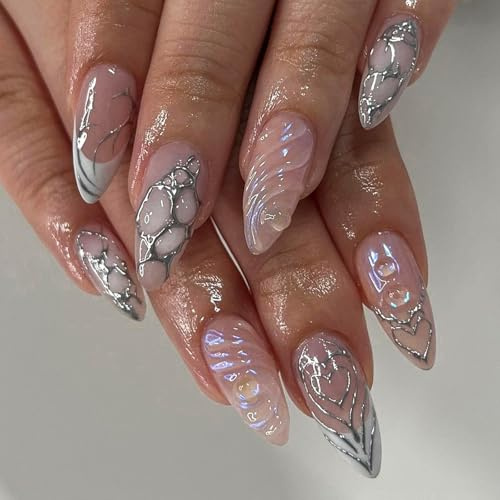 Ceboic 24 Pièces Faux Ongles 3D Faits à Main Français Press on Nails avec Charms Rose Blanc Brillant Acrylique Faux Ongles à Coller Naturels Réutilisables Ongles Artificiels pour Femmes et Filles