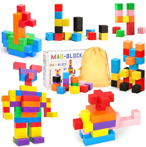 AQXONG 96Pcs Bloques de Construcción Magnéticos, 3D Juguetes de Construcción Magnéticos, Juguetes Educativos de Bloques de Construcción, Regalo de Juguete Magnético para Más de 3 Niños y Niñas