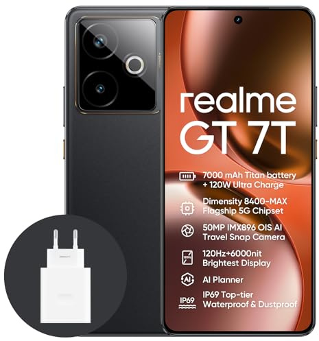 realme GT 7T 5G Smartphone,12+256GB,Batterie 7000 mAh,120W Charge,Processeur Dimensity 8400-MAX, Appareil Photo IMX896 50MP,AI Planner,Écran e-Sport Pro 6000 nits 120Hz, IP69, Noir,Exclusivité Amazon