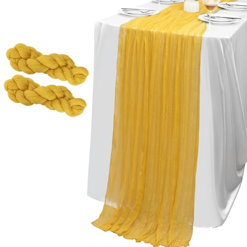 Lot de 2 chemins de table en étamine, dorée, 3 m en gaze de style bohème et rustique pour fête de mariage, fête prénatale, anniversaire, vacances, décoration d'intérieur