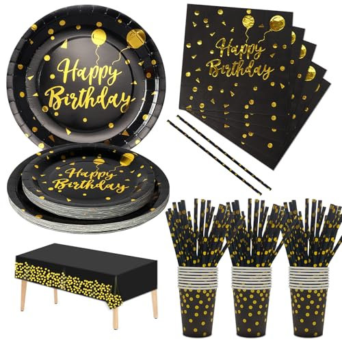 Nkaiso Compleanno Stoviglie per feste Nero Oro 121 Pezzi Carta Set Include Piatti Tovaglioli Tazze Forniture per la Decorazione di feste -24 Ospiti