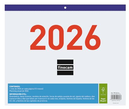 Finocam - Väggkalender stora siffror 2026 månadsvy januari - december (12 månader) | kalender 2026 | Månadsplanerare | Kjol 2026