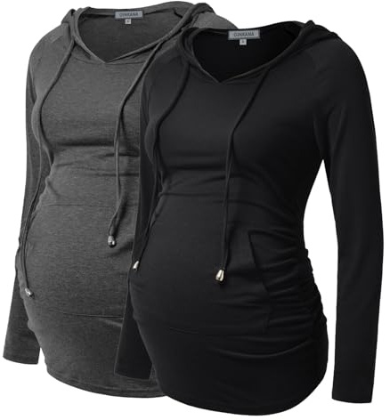GINKANA Umstands-Kapuzenpullover mit langen Ärmeln, lässiges Umstands-Top, Schwangerschafts-Sweatshirt, Freizeitkleidung, Dunkelgrau und Schwarz, XXL