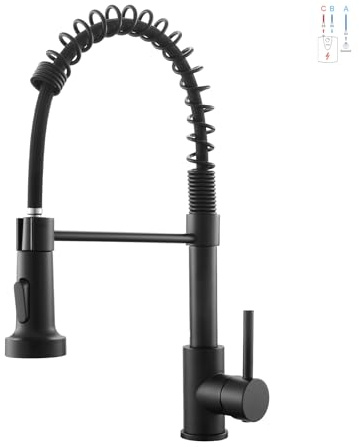 AIMADI Niederdruckarmatur Küchenarmatur schwarz, ausziehbar und 360° drehbar mit 2 Strahlarten Sprühkopf, Einhebelmischer für Niederdruck (Druckarm)