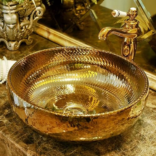 Lavabo Bagno in Ceramica Golden Ripple, Lavabo da Bar per Bagno, Lavatoio Ceramica Dipinto a Mano con Rubinetto e Gruppo di Scarico