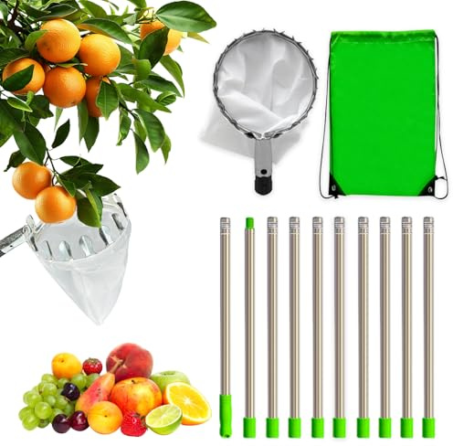 Vlecexs Cueille Fruit Telescopique 4m, Ramasse Fruits Telescopique de INOX, Cueilleur de Fruits Amovible, Poteau Réglable Cueille Fruit Picker pour Pommes Poires Oranges Pêches Prunes Cerises Noix