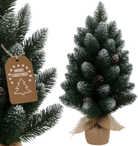 Mini Weihnachtsbaum 30/45/60 cm mit Schnee & Zapfen – Künstlicher Tannenbaum mit Jutesack – Weihnachtsdeko für Tisch, Fensterbank & Büro – Realistisches Design, stabil & kompakt (45 cm)