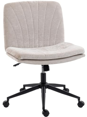 HOMCOM Silla de Oficina Piernas Cruzadas, Silla de Escritorio con Asiento Ancho, sin Reposabrazos, Ruedas, Altura Ajustable, Giratoria, Función Basculante, Tapizada en Chenilla, 62x67x83-93 cm, Beige